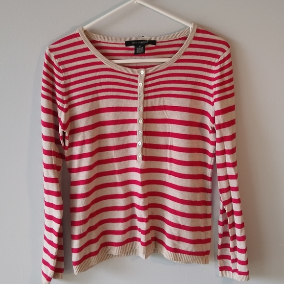 89th & Madison Long-Sleeve Knit Top Stripes Red Cream Henley Buttons Medium - Picture 2 of 9